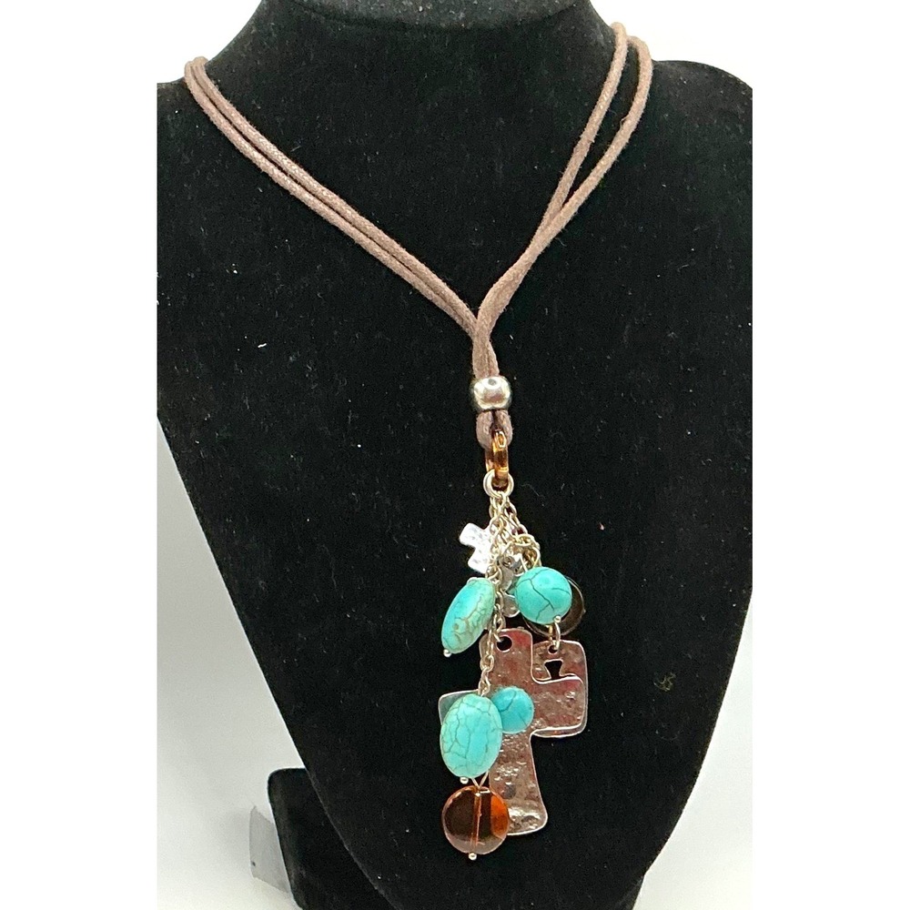 Turquoise Color Cross Charm Necklace Suede Cord Boho Religious Faith Jewelry 28"